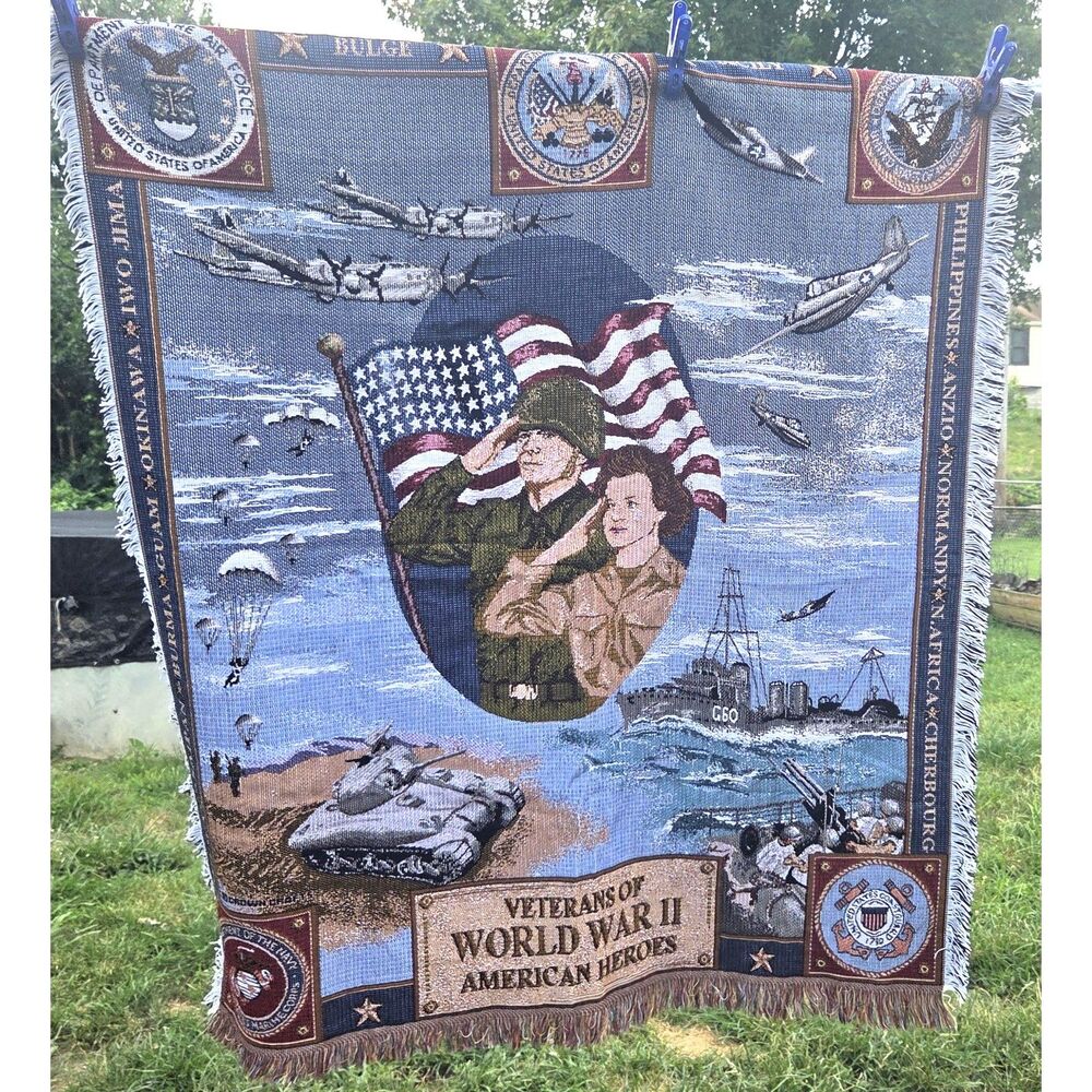 Veterans of World War II American Heroes Woven Tapestry Throw Blanket USA